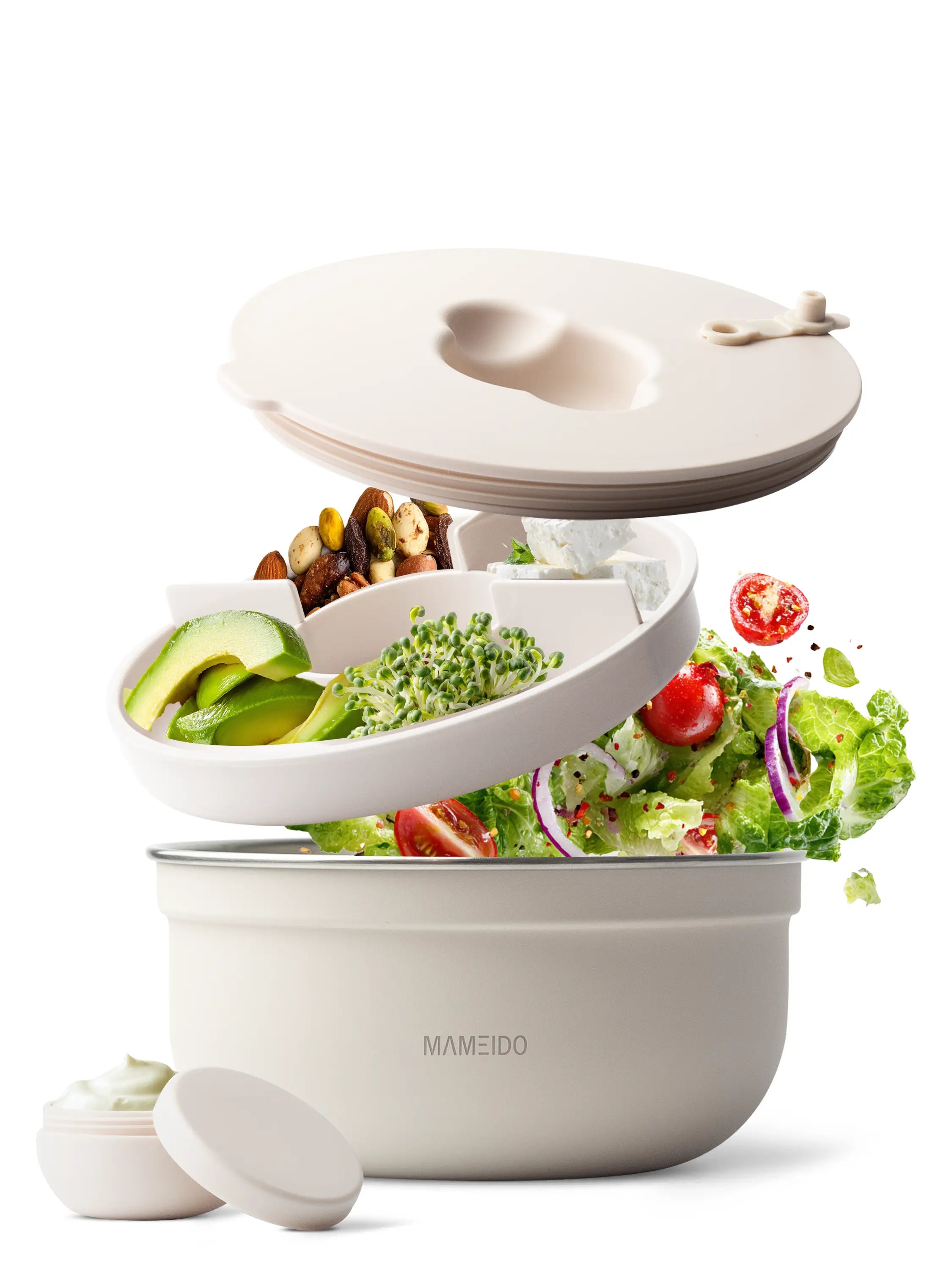 MAMEIDO Salatbox 1500 ml mit 3 Fächern & Dressingbehälter