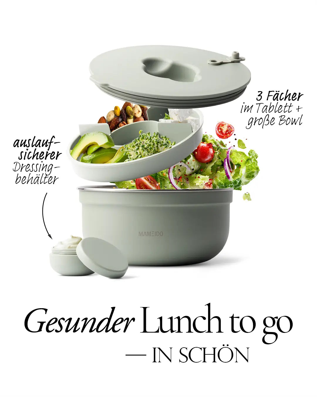 MAMEIDO Salatbox to-go mit 3 Trennfächern & Dressingcontainer #farbe_desert-sage
