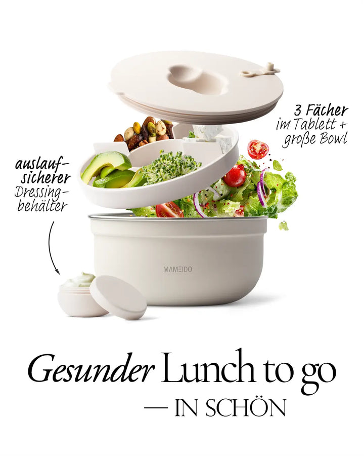 MAMEIDO Salatbox to-go mit 3 Trennfächern & Dressingcontainer #farbe_ivory-beige