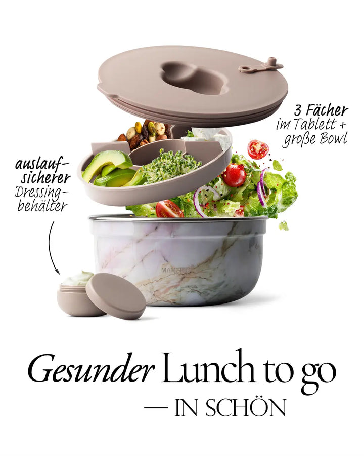 MAMEIDO Salatbox to-go mit 3 Trennfächern & Dressingcontainer #farbe_pearl-marble