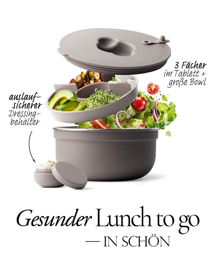 MAMEIDO Salatbox to-go mit 3 Trennfächern & Dressingcontainer #farbe_taupe-grey