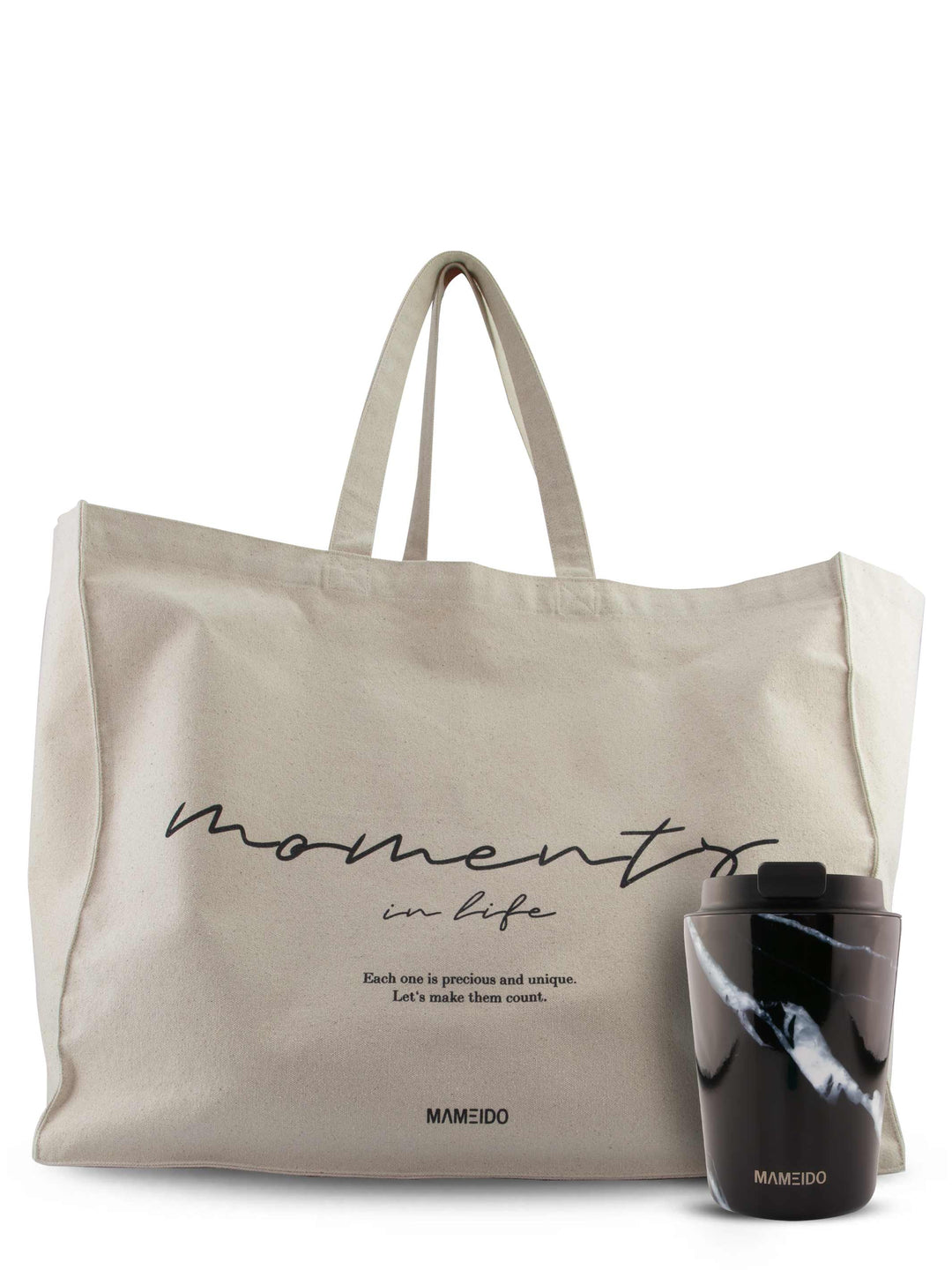 MAMEIDO Set Thermobecher 350ml Black Marble & Tote Bag #farbe_black-marble