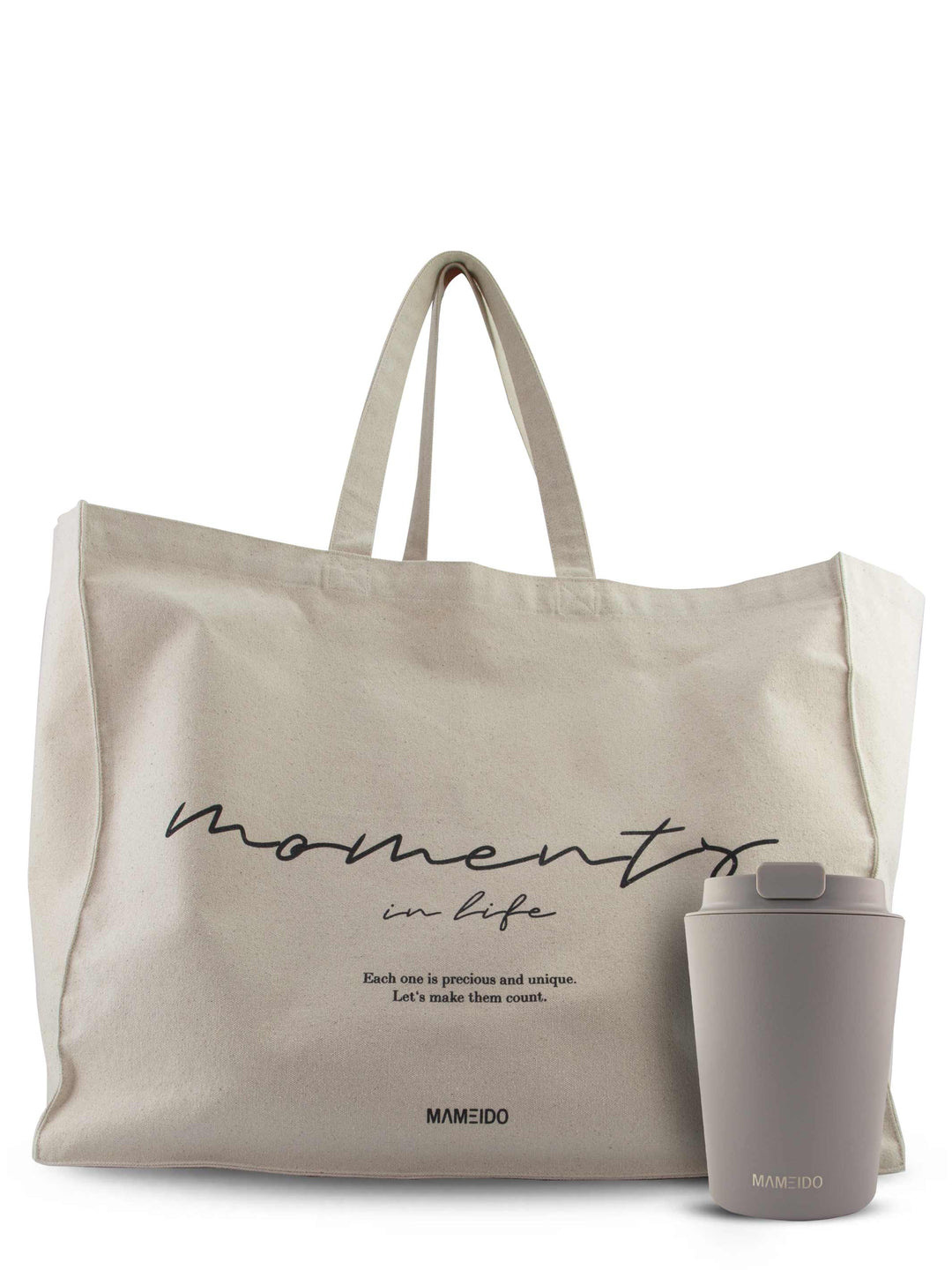 MAMEIDO Set Thermobecher 350ml Taupe Grey & Tote Bag #farbe_taupe-grey