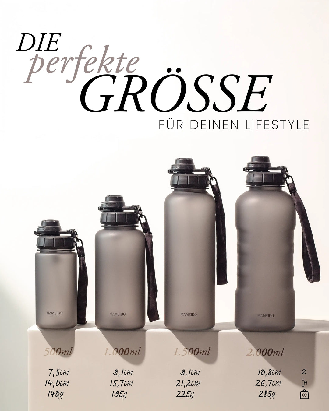 MAMEIDO Trinkflasche mit Strohhalm 500 ml, 1 l, 1,5 l & 2 l