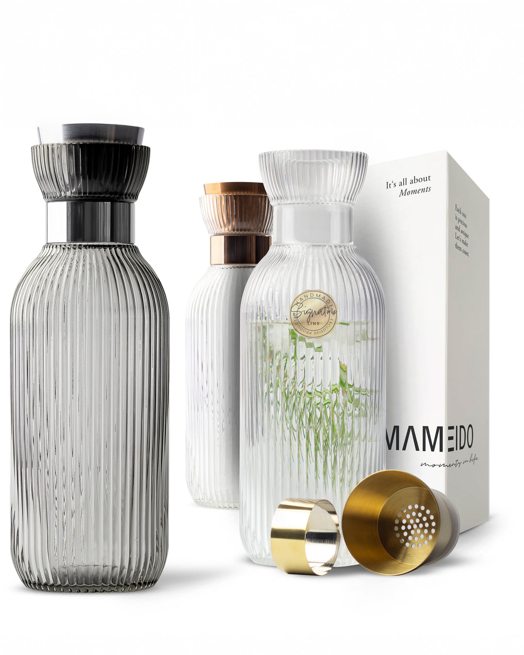MAMEIDO Wasserkaraffe mit Deckel & Sieb aus Glas 1l & 1,5l